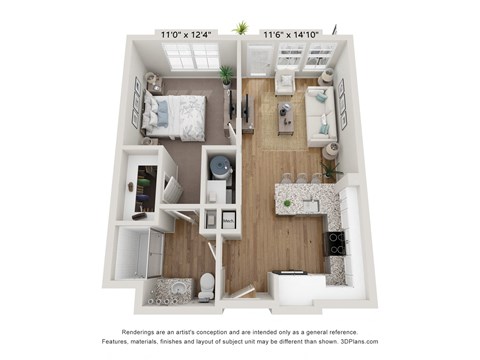 Floor plan for 1 bed, 1 bath, 615 sqft